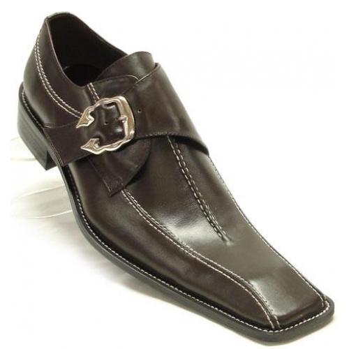 Fiesso Brown Genuine Leather Loafer Squared Toe Shoes With White Stitching FI6601